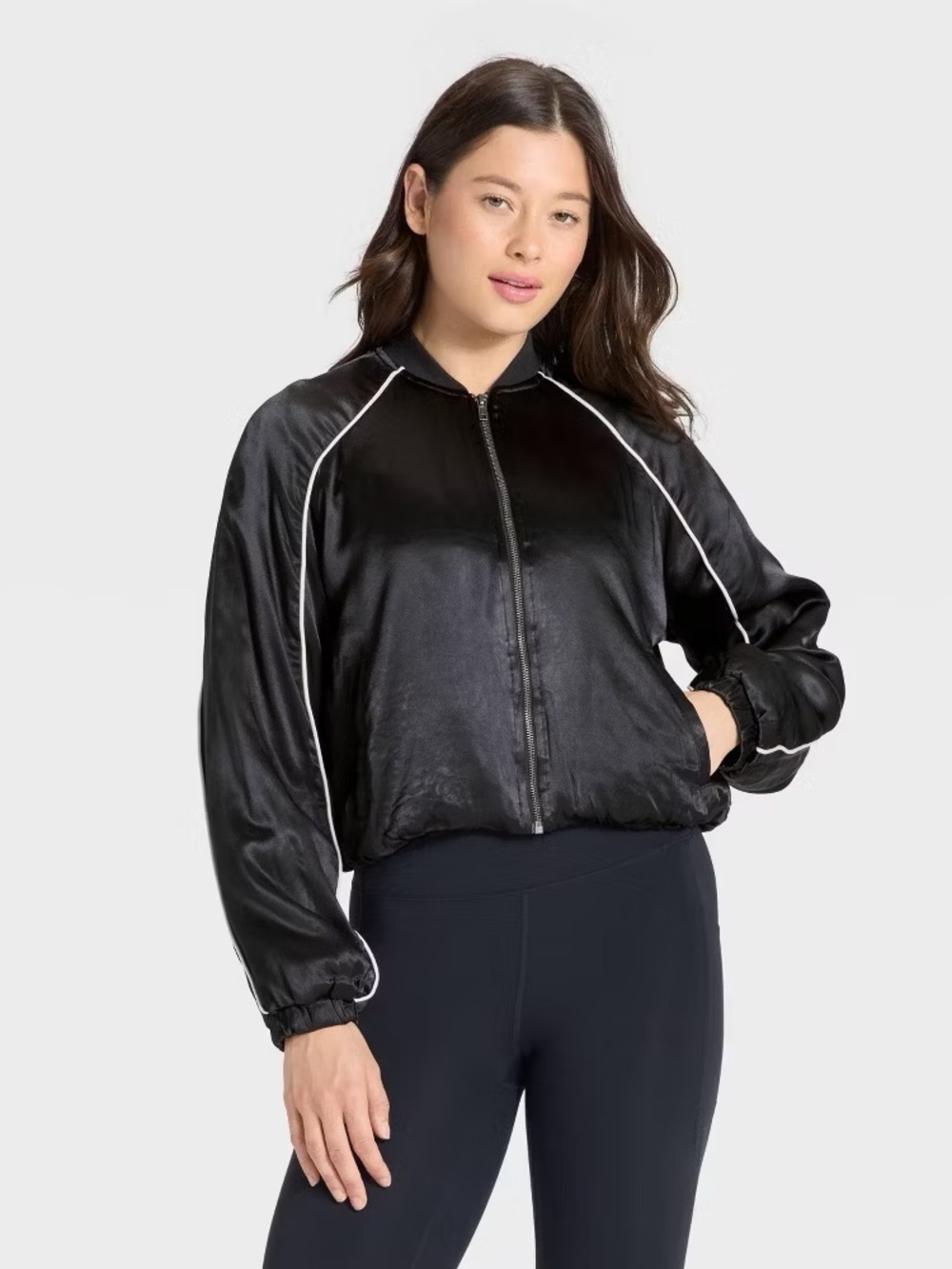 all in motion Black Satin Bomber Jacket with White Piping cropped Blokecore